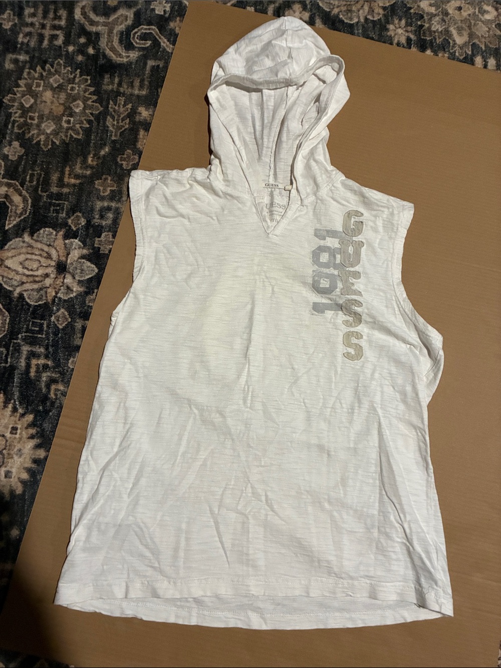 Guess White Sleeveless Hooded Tank with Vertical Logo